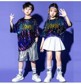 Girls kids blue sequined jazz hiphop street dance costumes for boys children rapper singers gogo dancers cheerleader dance outfits for kids